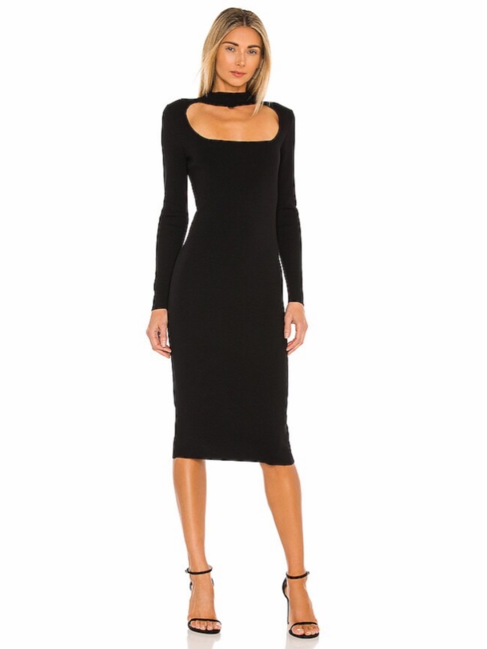 525 America Black Cutout Midi Dress Size S Mock Neck Ribbed Knit Minimalist - Picture 2 of 10